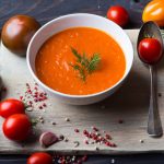 Tomato soup on a wooden table